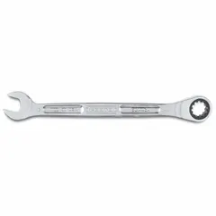 Full polish chrome finish combination wrench with a 16 mm spline ratcheting head. Overall length of 9 1/2 in. Suitable for tightening and loosening fasteners in industrial maintenance, assembly, and repair applications.