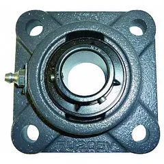 This flange-mount ball bearing has a 1 1/4 in cylindrical bore and a cast iron housing with set screw locking. It is lubricated with NLGI #3 equivalent grease and uses a 1/2 in mounting bolt. The square flange measures 4 21/32 in length. Suitable for supporting rotating shafts in industrial machinery such as conveyors, fans, and material handling equipment.