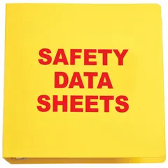 Red/yellow safety binder with 2 1/2 in ring size, 11 in height, and 3 in depth. Designed for organizing and storing safety data sheets in industrial facilities, labs, and warehouses. Color coding aids quick identification of hazardous-material documentation.