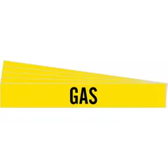 This pipe marker is designed for identifying gas pipes in industrial settings. It features a yellow background with black legend text and fits pipe outer diameters of 8 inches and larger. The marker is mounted on a fiberglass carrier with strapping for secure attachment. Sold in a 5-pack without arrows.