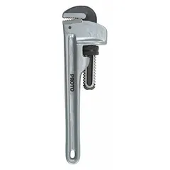 Straight pipe wrench with serrated jaws and I-Beam design, 36 in overall length, 5 in jaw capacity. Aluminum construction reduces weight for extended use. Used for gripping and turning threaded pipes and fittings in plumbing and mechanical applications.