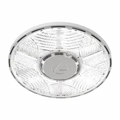 Round LED bay light for high-bay applications such as warehouses and manufacturing plants. Operates on 120 to 277V AC with 4000K color temperature. Designed to replace (6) lamp T5HO fixtures.