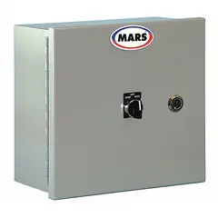 This motor control panel is designed for air curtain applications, providing power and control for 3-phase motors. It features a steel NEMA 1 enclosure rated for 208/230V AC and 16.6 A. The panel measures 6 3/8 x 10 3/8 x 10 3/8 inches and is suitable for use in commercial or industrial doorways to manage air curtain units.
