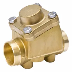 Brass four-bolt check valve with 2 5/8-inch connections and 1 7/8-inch cut out. Used in refrigeration and air-conditioning systems to prevent reverse flow in liquid, suction, or hot-gas lines.