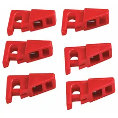 Clamp-on lockout device for circuit breaker switches rated 120V AC. Sold in a 6-pack, this fuse block lockout does not include a cable tie slot. Used to secure circuit breakers during lockout/tagout procedures to prevent accidental re-energization.