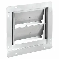 This wall-mount backdraft damper features a single panel with flat blades for horizontal airflow in a vertical mounting position. It is used in ventilation systems to prevent reverse airflow, suitable for exhaust or intake applications with a maximum air velocity of 2500 fpm.