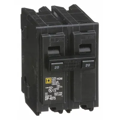 SQUARE D Miniature Circuit Breaker: 20 A, 120/240V AC, Single Phase, 10kA at 120/240V AC - HOM Series, Plug-In Square D Miniature Circuit Breakers