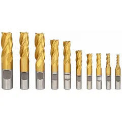 This 10-piece set of square end mills is made from high-speed steel with a titanium nitride (TiN) coating for reduced friction and extended tool life. Each mill has 4 flutes and diameters ranging from 3/16" to 3/4". Suitable for general-purpose slotting, profiling, and contouring in ferrous and non-ferrous materials.