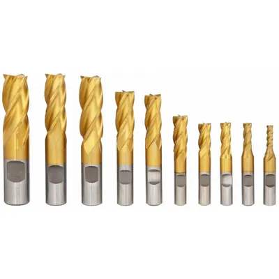 Dayton End Mill Set: Square, 10 Pc, High Speed Steel, TiN Coated, 4 Flute, 3/16" to 3/4" Mill Dia - High-Speed Steel Square End Mill Sets