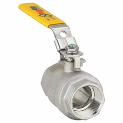 This manual two-way ball valve features a 316 stainless steel body and PTFE seals for corrosion resistance. The straight valve body and locking lever handle provide reliable on/off flow control in industrial piping systems. Suitable for applications requiring shutoff in water, chemical, or oil lines.