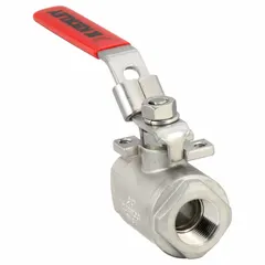 This KECKLEY ball valve is a straight, one-piece design with 3/4 inch female NPT ends. Constructed of stainless steel, it features a locking lever handle for secure on/off flow control. Suitable for use in industrial piping systems requiring corrosion resistance and reliable shutoff.