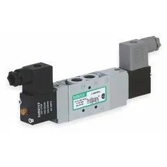 This AVENTICS Series L2 valve is a four-way, three-position directional control valve with a closed center and locking manual override. It uses double solenoid actuation with solenoid return and operates on 24V DC. Typical applications include directing compressed air in industrial automation, packaging, and material handling systems.