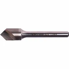 This KEO countersink features a 100° included angle and a single-flute design for fast, smooth cutting. The body diameter is 1/4 in, and it is constructed from carbide with a TiN coating. It is used for creating conical recesses for flat-head screws and for deburring holes in metalworking applications.