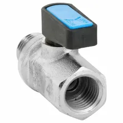 This mini brass ball valve features a nickel-plated brass body with a straight configuration and wedge handle. It has 1/4 in male NPT x female NPT connections for manual on/off flow control. Suitable for low-pressure air, water, and oil applications in industrial piping systems.