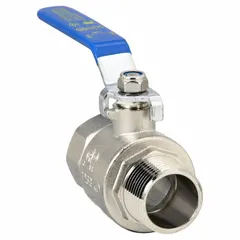 This two-way ball valve features a nickel-plated brass body with a straight configuration and 1-inch male NPT x female NPT connections. The lever handle provides manual on/off control for flow regulation in plumbing and industrial piping systems handling water, oil, or gas.