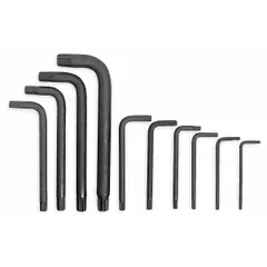 10-piece L-shaped Torx and Torx Plus key set with standard ends. Includes tip sizes T10, T15, T20, T25, T27, T30, T40, T45, T50, and T55. Black oxide finish. Used for driving Torx and Torx Plus fasteners in assembly, maintenance, and repair tasks.