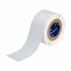 Precut label roll of metalized polyester, gray, measuring 3 11/32 in x 1/2 in. Halogen-free material. Compatible with BBP12 printer series. Used for industrial identification, asset tags, cable markers, and safety labels.