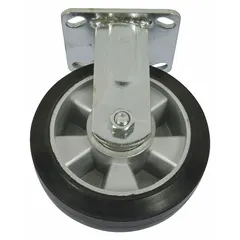 This rigid caster is a replacement for platform trucks. It features a rubber tread on a steel frame, finished in black. Overall dimensions are 6-3/8 inches in length and 6 inches in width. Suitable for use on smooth surfaces in industrial and warehouse settings.