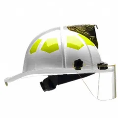 White fiberglass fire helmet with chin strap and 6-point Sure Lock® ratchet headband with brow pad. Designed for structural firefighting and rescue operations, providing impact protection and secure fit in high-heat environments.
