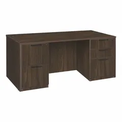 This double pedestal desk features a Walnut particle board desktop and Neo Walnut frame. It includes two pedestals with five drawers and a modesty panel. Overall dimensions: 71 in wide by 29 in high. Suitable for office environments requiring organized storage and workspace.