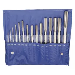 This 15-piece set of straight-flute high-speed steel chucking reamers covers diameters from 1/16 in to 1/2 in. Designed for precision reaming operations, these tools enlarge and finish drilled holes to tight tolerances. Suitable for general-purpose reaming in a variety of materials.