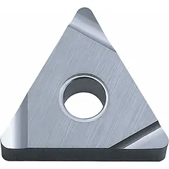 Triangle (T) indexable turning insert made of Cerment material. Designed for finish turning and light profiling operations on ferrous materials. Provides sharp cutting edge and wear resistance for consistent surface finish in automated or manual lathe applications.
