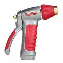 This metal pistol-grip nozzle features a rear trigger and GHT connection for adjustable water flow control. Rated for a maximum temperature of 100°F, it is suited for general-purpose watering and industrial washdown applications.
