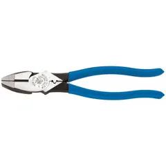 Multipurpose lineman's pliers with a flat jaw profile, 9 3/8 in overall length, 1 5/8 in jaw length, 1 1/4 in jaw width, and 5/8 in jaw thickness. Includes an integrated nail cutter. Used for gripping, twisting, and cutting wire in electrical, construction, and industrial maintenance tasks.