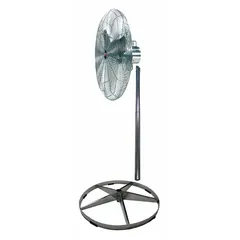 This Dayton washdown-rated industrial pedestal fan features a 20-inch blade diameter and a 1/15 hp, 115V AC single-phase motor. It operates as a single-speed, non-oscillating unit, providing focused airflow in industrial environments where moisture or washdown cleaning is required.