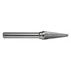 Double-cut ball-nosed cone bur for material removal, deburring, and shaping in metalworking and fabrication. Head size 1/4" x 5/8", shank diameter 1/4". Fits standard rotary tools and die grinders.