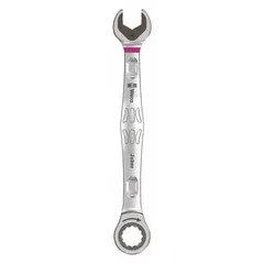 This metric spline ratcheting combination wrench features a 14 mm head size and 7 3/8 in overall length. Constructed from alloy steel with a nickel chrome finish, it offers reversing operation for tightening and loosening fasteners in confined spaces. Suitable for general maintenance, assembly, and repair tasks.