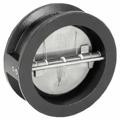 This KECKLEY check valve features a double-disc, wafer-style body made of cast iron for a 6-inch pipe size. It is designed as an inline valve body to prevent backflow in piping systems. Typical applications include water, wastewater, and HVAC systems where compact, reliable backflow prevention is needed.