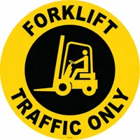 This vinyl floor sign features an anti-slip surface and adhesive mounting for marking forklift traffic-only zones in industrial facilities. The 17 in x 17 in sign is 0.012 in thick and is not retroreflective or glow-in-the-dark. It helps designate restricted areas to improve pedestrian safety