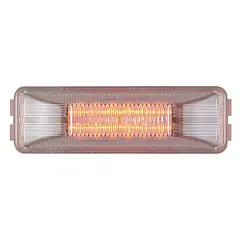 Rectangular LED clearance light with red lens for surface or hole mounting. Features a pigtail electrical connection and SAE P3 lens code. Used on trailers, trucks, and heavy equipment for side or rear identification lighting.