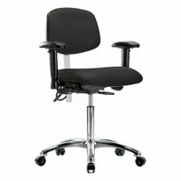 This cleanroom task chair is designed for ISO 5 controlled environments, featuring a vinyl seat and backrest that resist particle shedding. It includes arms, an aluminum base, and ESD-safe construction to prevent electrostatic discharge. The seat width is 19 inches, with adjustable height from 21 1/2 to 29 inches and back tilt of 10.5° forward and 13.5° backward