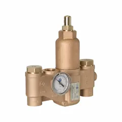 This bronze emergency fixture mixing valve blends hot and cold water to a tempered temperature for safety showers and eyewash stations. It features 1 in NPT female inlets and outlet, suitable for water media in industrial, laboratory, and chemical processing environments.