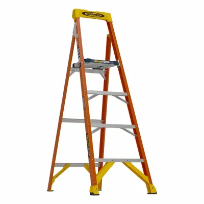 WERNER Step Ladder: 6 ft Ladder Size, Fiberglass, 300 lb Load Capacity, 16 lb Wt - Non-Conductive Fiberglass Platform Stepladders