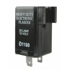 This 2-terminal flasher relay operates on 11-15V DC and produces 60 to 120 flashes per minute. It is used in automotive turn-signal and hazard-warning circuits to control the flashing rate of lamps.