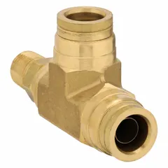 Brass tee fitting with one 1/4 in NPTF male pipe thread and two 1/2 in OD push-to-connect tube ports. Used to branch pneumatic lines in air brake systems, rated for service up to 150 psi.