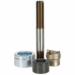 Manual-hydraulic knockout punch and die set for creating holes in 10 ga sheet metal (steel) and plastics. Nominal size 1 7/32 in. Used in electrical panel fabrication, control cabinet assembly, and industrial enclosure work for conduit or cable entry.