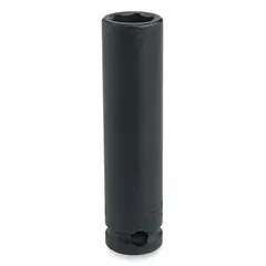 This 1/2" drive metric impact socket features a 13 mm, 6-point deep design with a black oxide finish. It is intended for use with impact tools in high-torque fastening applications, such as automotive repair and industrial maintenance.