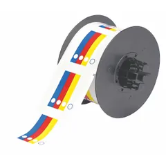 Vinyl precut label roll with acrylic adhesive for indoor/outdoor use. Measures 2 1/4 in x 2 1/4 in with a color bar design and no pre-printed legend. Compatible with i3300 printer series for custom printing. Used for industrial safety and compliance labeling, such as marking pipes, equipment, or hazard areas with color-coded legends.