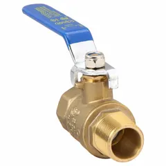 Manual two-way brass ball valve with 3/4 in straight body, MNPT x FNPT connections, full port ball port, and lever handle. Used to start, stop, or redirect flow in industrial piping systems for water, oil, and gas applications.