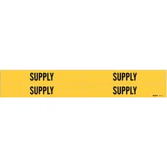 Yellow adhesive pipe marker with black 'Supply' legend for identifying supply lines in piping systems. Fits pipe outer diameters from 3/4 to 2-3/8 inches. Pack includes 4 markers without arrows. Suitable for industrial, commercial, and facility piping identification.