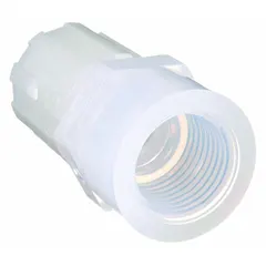 This PFA 45-degree flare tube fitting elbow features a flared/threaded connection type with 1/2 in pipe x 1/2 in OD fitting size. Made from PFA, it is FDA approved for use in fluid handling systems requiring sanitary standards. Typical applications include food processing, beverage, and pharmaceutical industries.