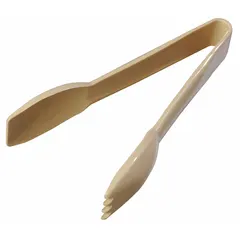 These CARLISLE serving tongs are constructed of beige plastic with a 6 1/4-inch overall length. They are NSF certified and dishwasher safe, making them suitable for foodservice environments such as cafeterias and catering operations.