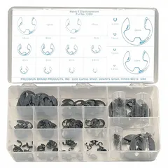 This 255-piece assortment of metric external retaining rings is made from steel with a black phosphate finish. The rings are designed to secure components on shafts in mechanical assemblies. Suitable for industrial applications requiring metric sizing.
