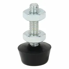 Steel spindle assembly with a neoprene tip, #8-32 thread size, 1 in overall length, 1 in thread length, and 5/32 in spindle diameter. Includes jam nuts. Used in toggle clamps and workholding fixtures to apply cushioned clamping force without marring workpiece surfaces.