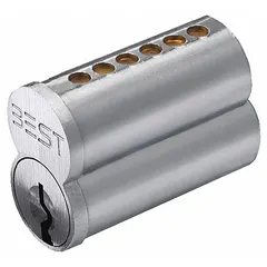 Small Format Interchangeable Core (SFIC) cylinder in chrome finish for cylindrical lock assemblies. Features a 6-pin M keyway for quick rekeying without removing the lock. Suitable for commercial access control applications requiring frequent security updates.