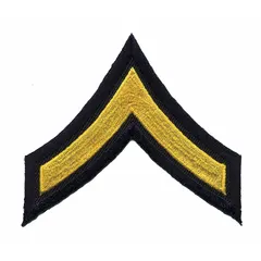 Embroidered rank insignia patch for Private First Class (PFC). Measures 3 inches, features a black and gray design, and is constructed from polyester and rayon. Supplied as a single pair (1 PR). Commonly used on military uniforms to denote rank.